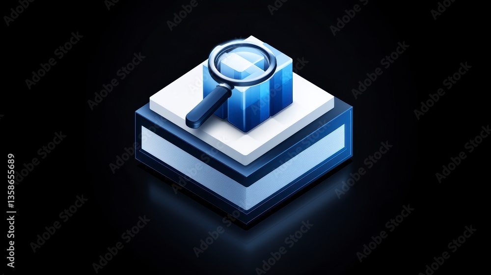 A blue and white icon with an isometric view of a document page, featuring two-dimensional images such as charts or graphs, and a magnifying glass symbolizing a search function. black background A blue and white icon with an isometric view of a document page, featuring two-dimensional images such as charts or graphs, and a magnifying glass symbolizing a search function. black background