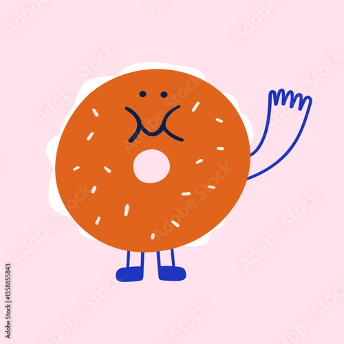 Cute bagel waving hand. Flat vector hand drawn illustration on pink background.