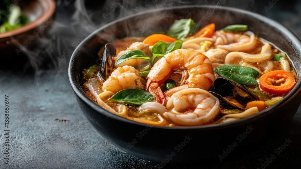 A steaming bowl of Thai-style seafood soup with shrimp, mussels, and squid in a fragrant broth. A steaming bowl of Thai-style seafood soup with shrimp, mussels, and squid in a fragrant broth.