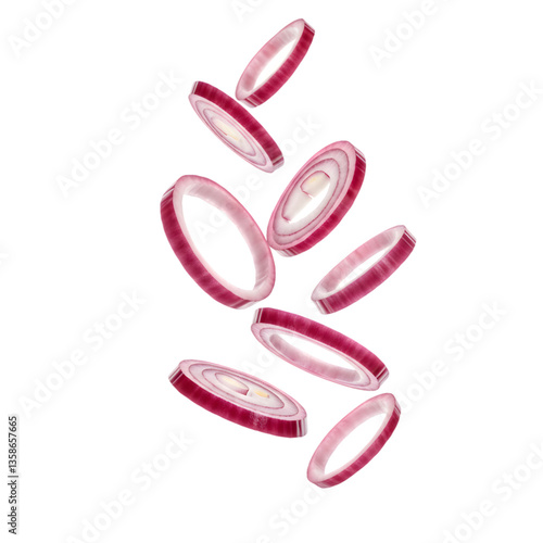 Floating Red Onion Slices Isolated on White Background

