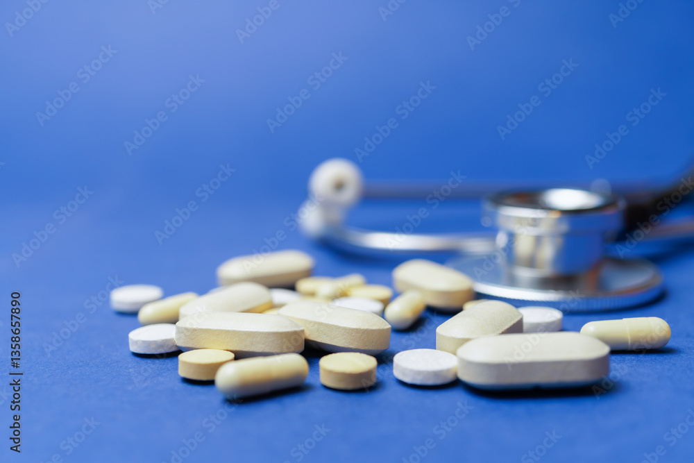 stethoscope with pills on a blue background with a large space for text stethoscope with pills on a blue background with a large space for text