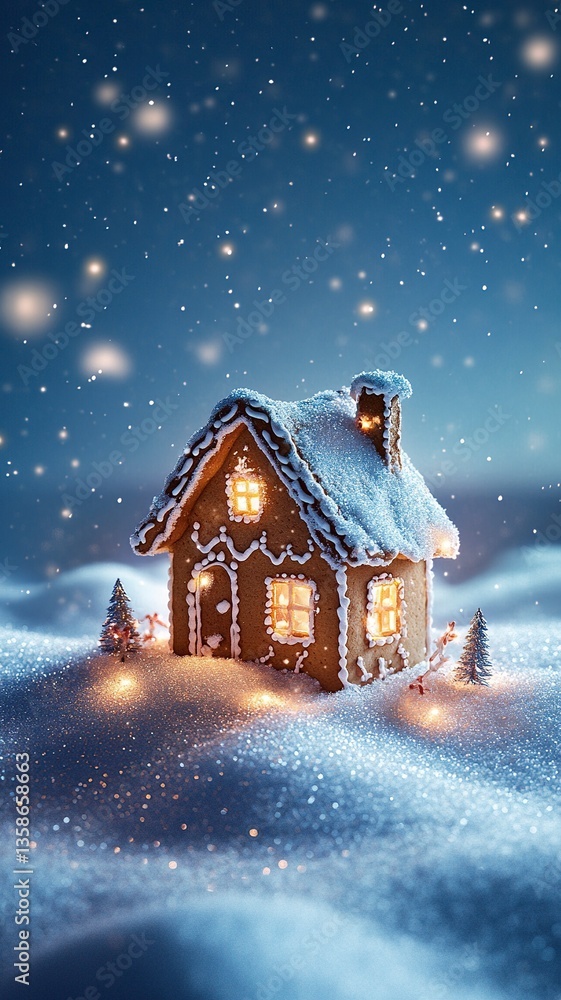 A tiny gingerbread house nestled on a snowy hill, surrounded by a serene blue sky decorated with softly twinkling Christmas lights, evoking holiday charm.