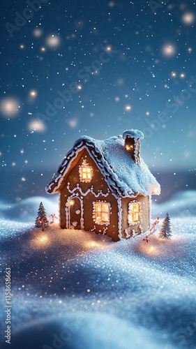 A tiny gingerbread house nestled on a snowy hill, surrounded by a serene blue sky decorated with softly twinkling Christmas lights, evoking holiday charm.  