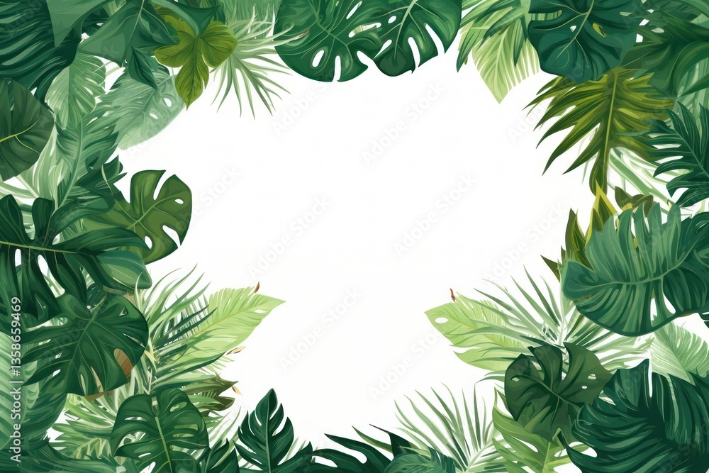 Fototapeta premium Tropical leaves frame green backgrounds outdoors.