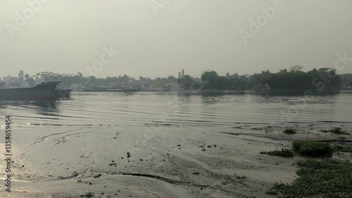 Serene Riverbank with Trees & Urban Backdrop Tranquil Nature & Cityscape