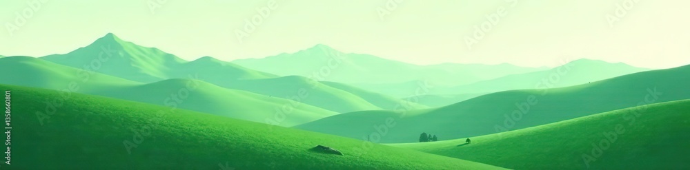 Minimalistic illustration of abstract green landscapes with serene mountains and rolling hills in tranquil backdrop, serene, rolling hills Minimalistic illustration of abstract green landscapes with serene mountains and rolling hills in tranquil backdrop, serene, rolling hills