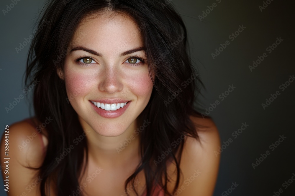 Naklejka premium Close up of a beautiful woman with a warm smile and dark brown wavy hair. Perfect for beauty, wellness, or positive lifestyle content.