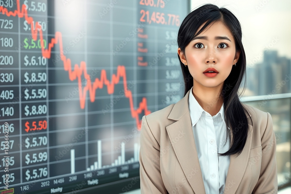 暴落の株価ボードとビジネスウーマン 暴落の株価ボードとビジネスウーマン