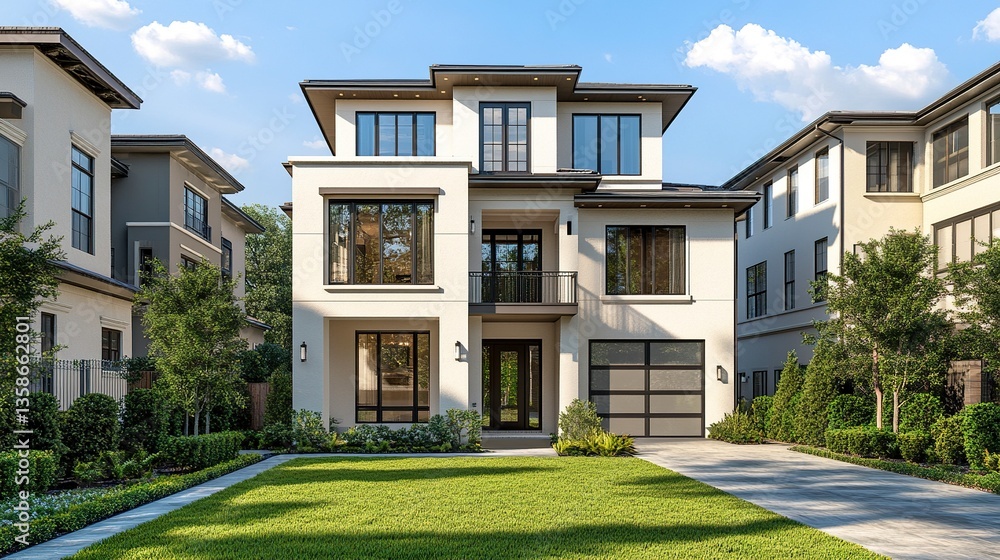 Fototapeta premium An elegant three-story Dallas home with expansive windows, a lush front yard with well-kept grass, and mature trees, surrounded by other luxury homes. 