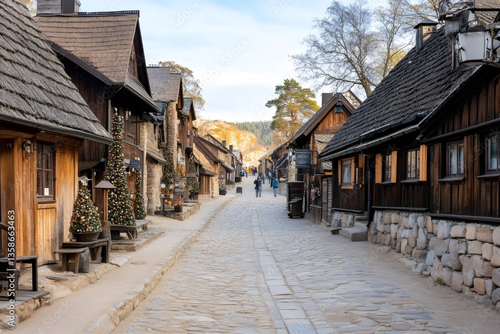 Tourists walking down a cobblestone street in Santa Claus Village in Rovaniemi, Lapland, Finland during Christmas time Tourists walking down a cobblestone street in Santa Claus Village in Rovaniemi, Lapland, Finland during Christmas time