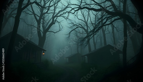 Mysterious Foggy Forest Path with Dark Cabins
