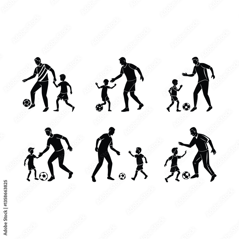 Father and Child Playing Soccer Vector - Fun Family Sports Design Father and Child Playing Soccer Vector - Fun Family Sports Design