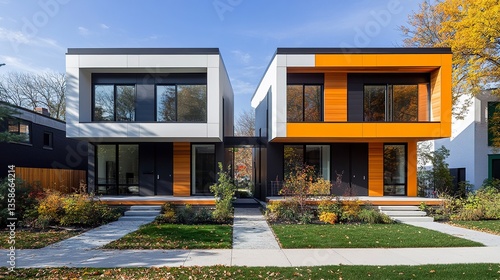 Two modern duplex residences with separate entrances, minimalist design, and vibrant front yards, reflecting the growing trend of multifamily living in suburban areas. 