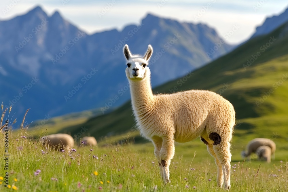 Fototapeta premium Llama standing in mountain pasture looking at camera