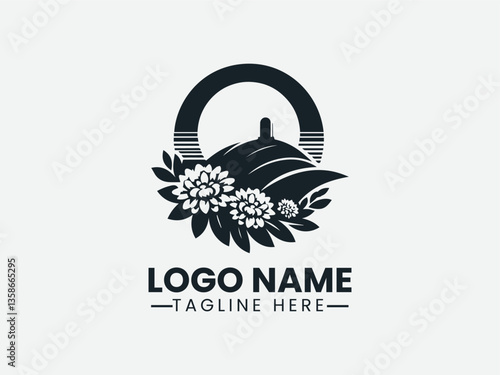 church silhouette on hill with flowers and arch. Religious community logo