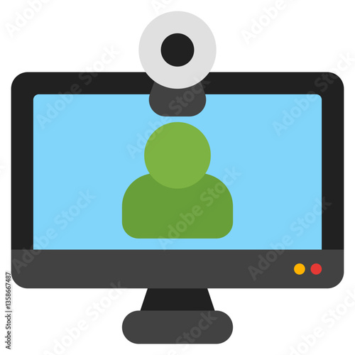Computer monitor displays person with microphone. Ideal for virtual meetings, online presentations, video conferences, remote work, communication concepts.