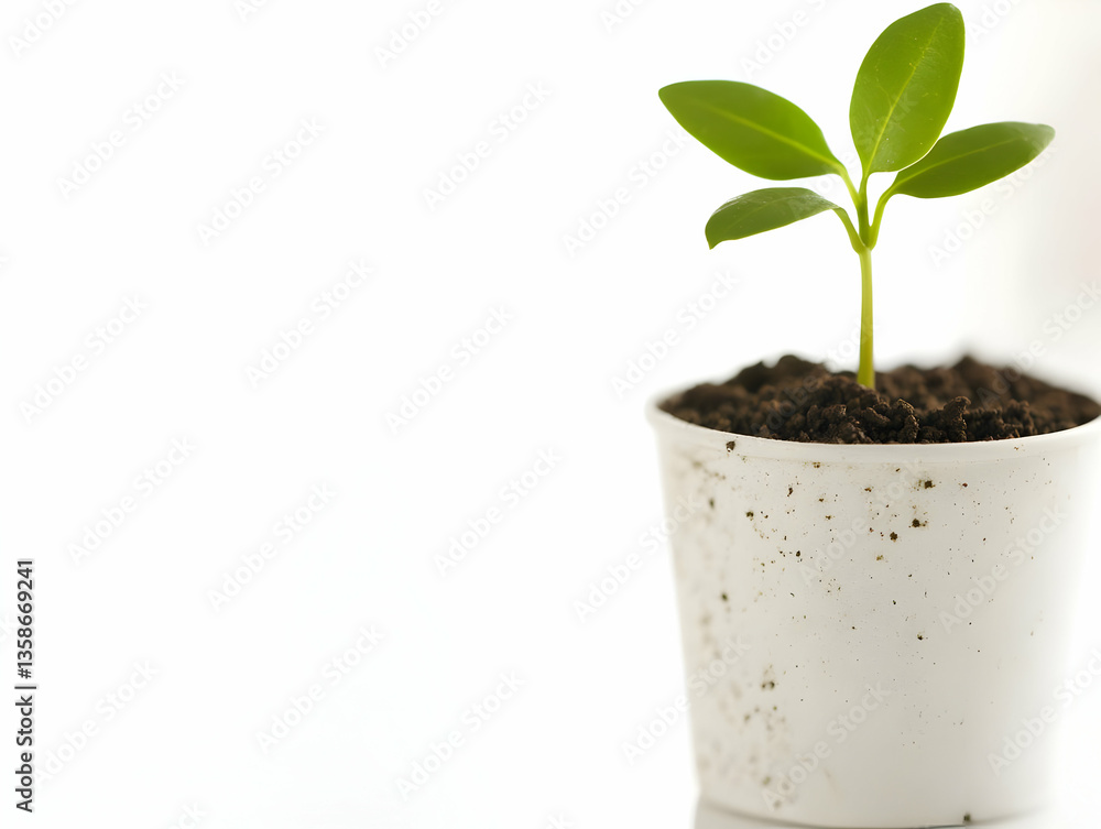 A small sprout emerges from dark soil nestled within a speckled white pot, set against a stark white backdrop. The focus is sharp, highlighting the delicate new growth A small sprout emerges from dark soil nestled within a speckled white pot, set against a stark white backdrop. The focus is sharp, highlighting the delicate new growth