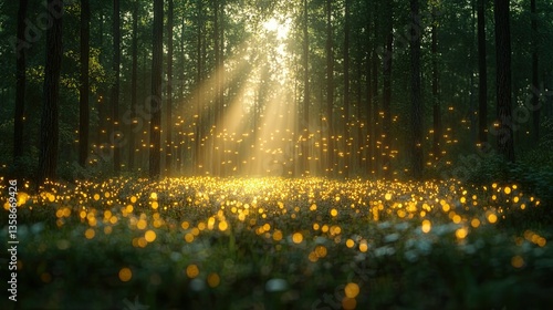 Beautiful rays of light shine through a magical forest landscape
