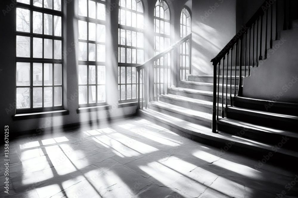 Obraz premium Sunbeams illuminating staircase in elegant mansion