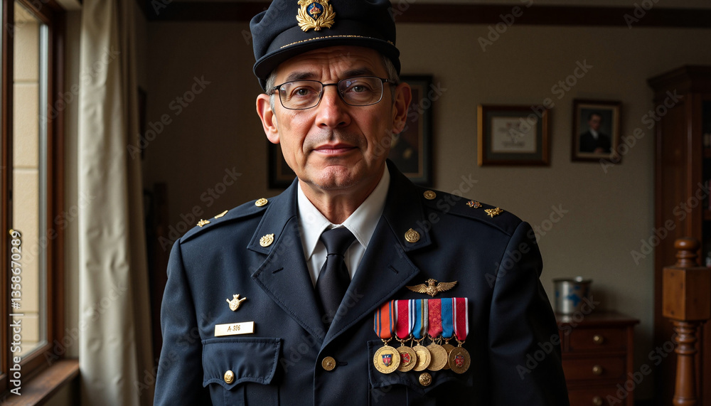Obraz premium Uniformed officer posing proudly in office setting