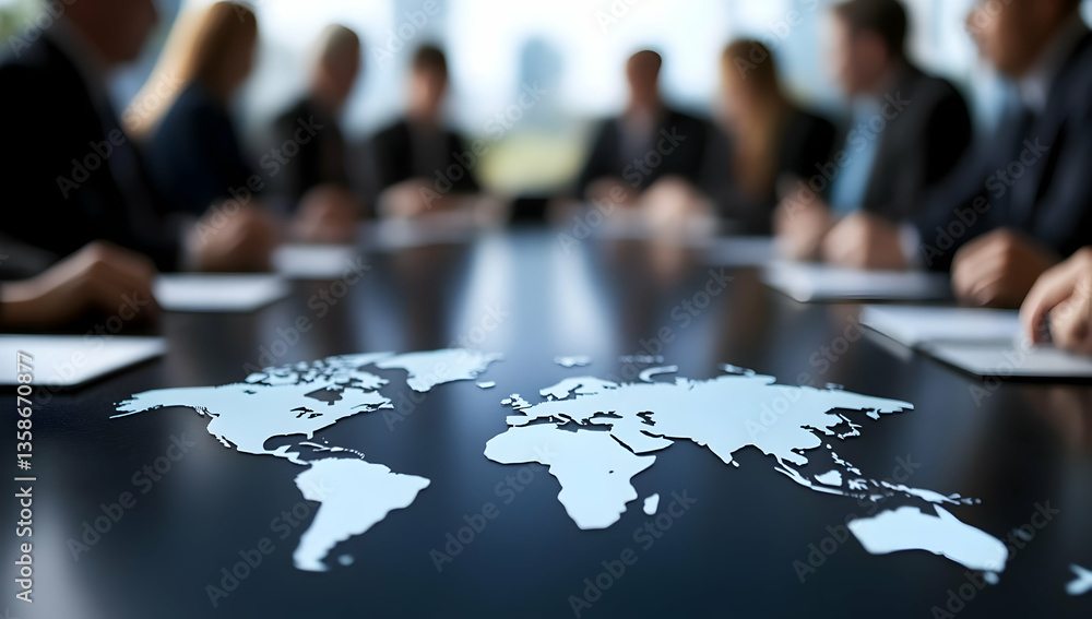 A world map is projected onto a conference table, surrounded by a blurred group of businesspeople in a meeting. The image symbolizes global business and collaboration