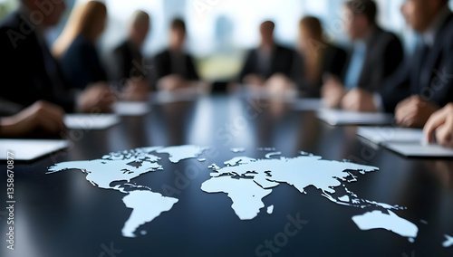Obraz na płótnie A world map is projected onto a conference table, surrounded by a blurred group of businesspeople in a meeting. The image symbolizes global business and collaboration w salonie