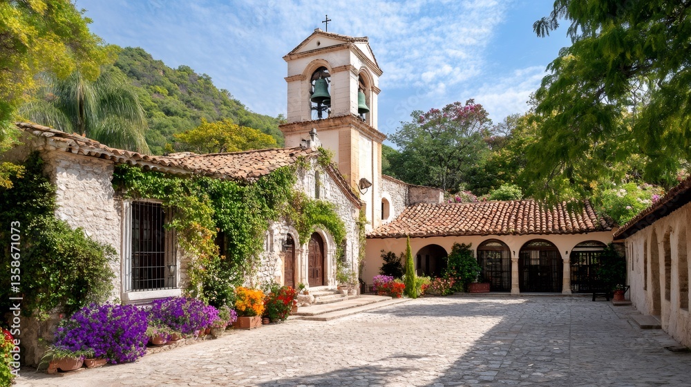 Naklejka premium Charming courtyard of the historic Villavicencio Monastery nestled in the Andes Mountains