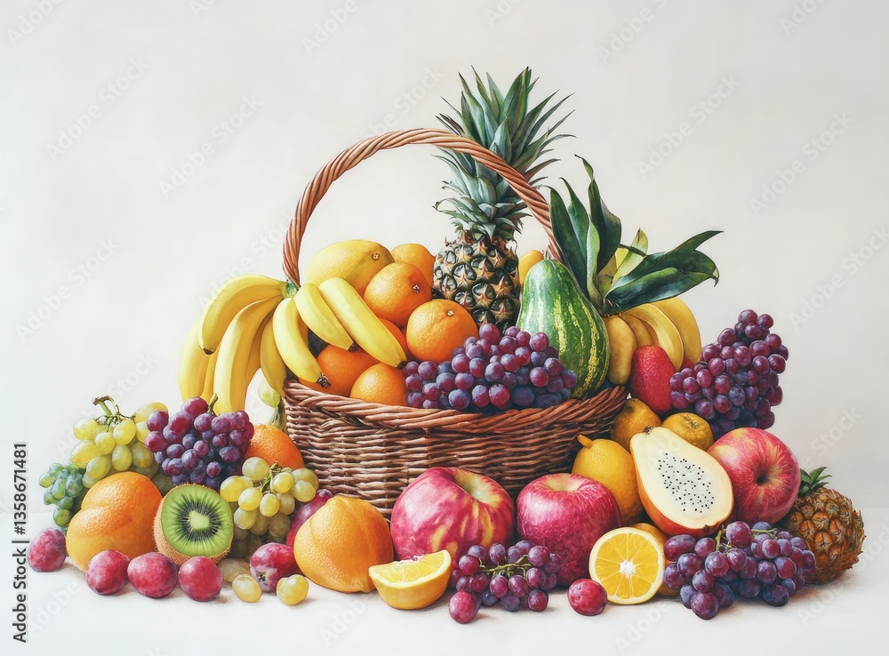 Colorful fruit basket overflowing with freshness Colorful fruit basket overflowing with freshness