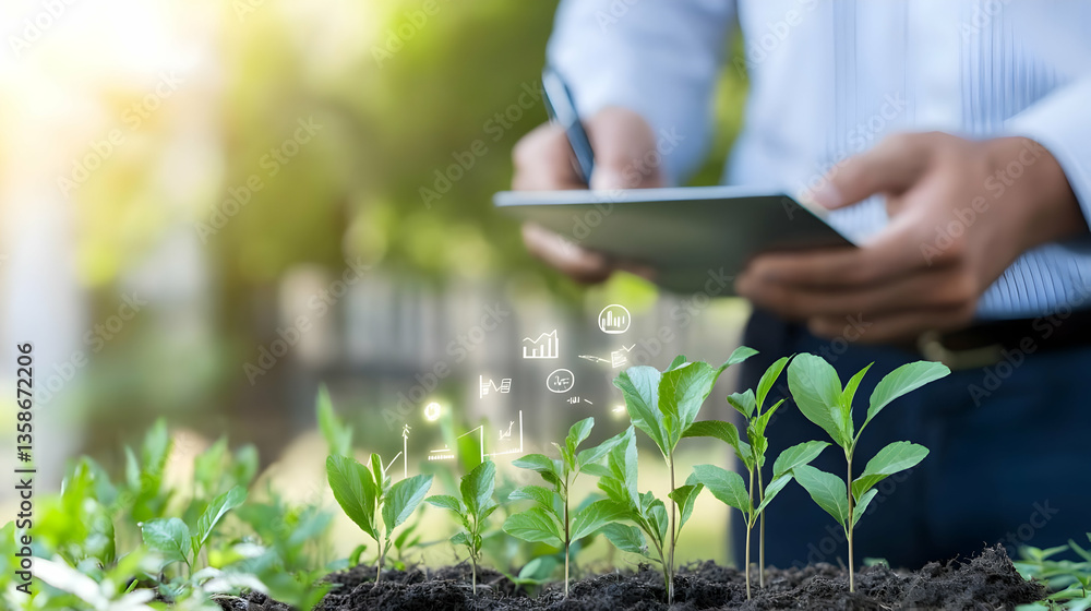 Fototapeta premium Businessman examines young plants in the garden, technology concept