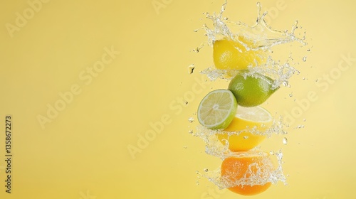 falling ripe citrus fruits, lemons, limes and oranges with water splashes and water drops Over yellow Studio Background.