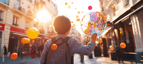 Fototapeta Naklejka Na Ścianę i Meble -  Child playing with bubbles in city street
