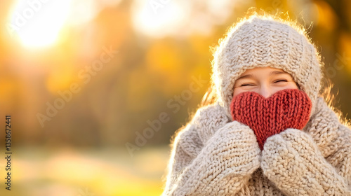 Child in warm autumn clothing, smiling with heart-shaped scarf