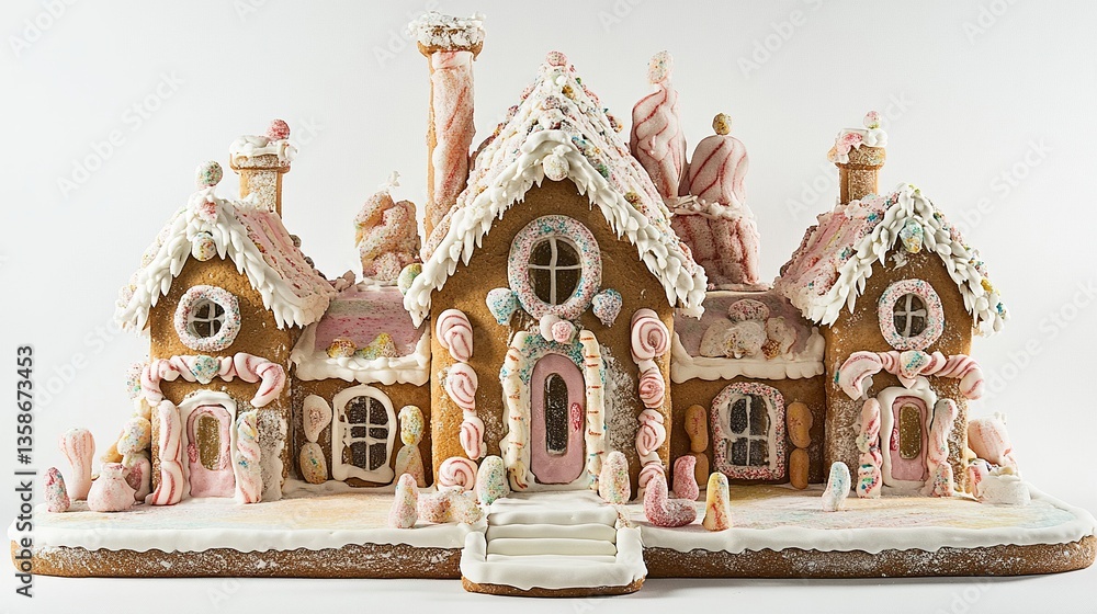 Fototapeta premium A detailed gingerbread house with carefully constructed walls and a frosted roof, adorned with gumdrops and licorice, centered on a white backdrop. 