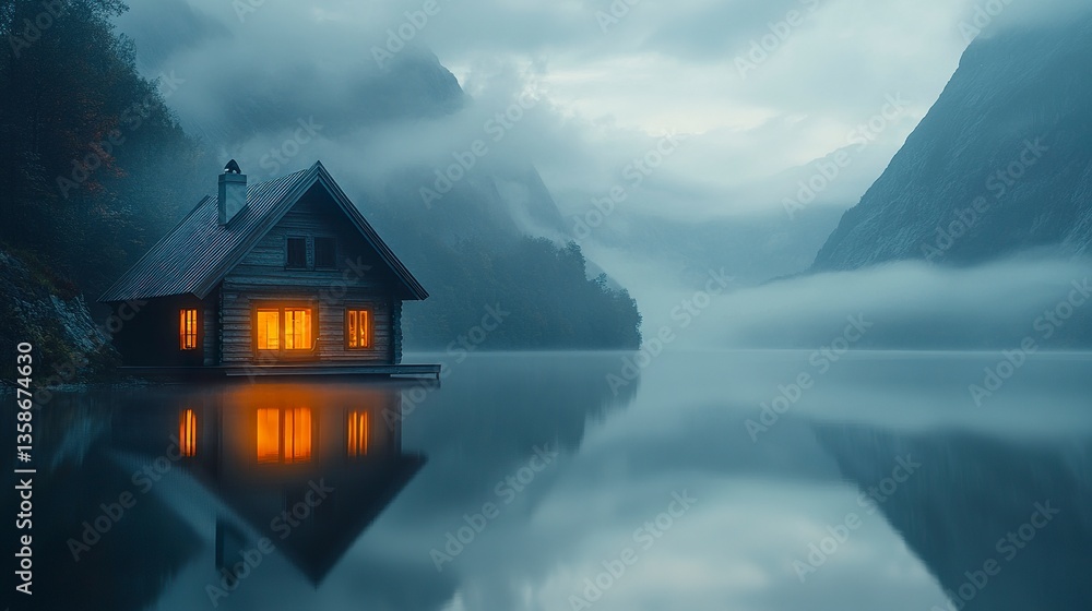 Fototapeta premium A glowing wooden house by a calm lake, the water mirroring its warm light, misty mountains in the backdrop blending into the dusky horizon.