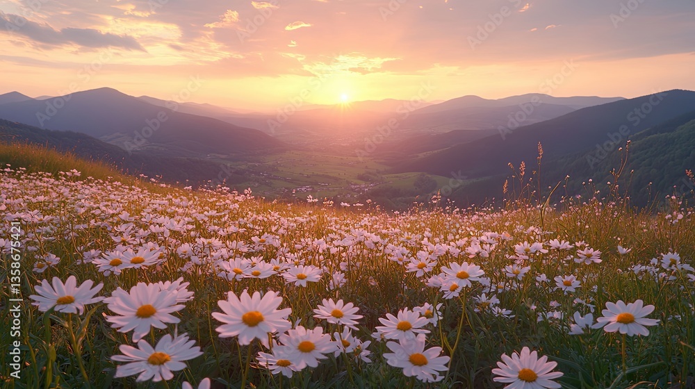 Fototapeta premium A beautiful field of daisies overlooking mountain ranges at sunset