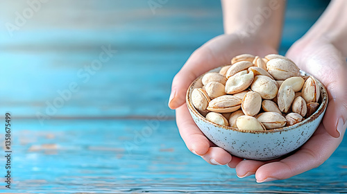 Hands gently cradling a small bowl brimming with roasted pistachios against a rustic blue wooden backdrop.  The image evokes feelings of warmth and wholesomeness