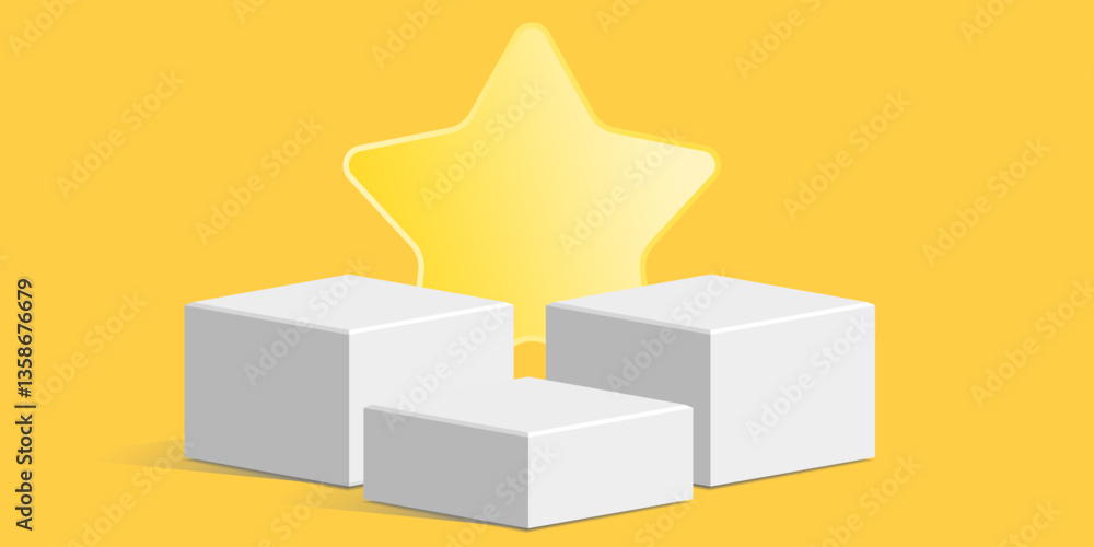 cube podium stage with glowing star on yellow background. Modern vector design for awards, ranking, celebration, or achievement themes. Perfect for banners, posters, and promotions.
