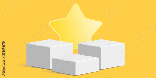 cube podium stage with glowing star on yellow background. Modern vector design for awards, ranking, celebration, or achievement themes. Perfect for banners, posters, and promotions.