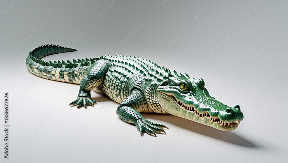 Obraz premium Large green crocodile resting on white background