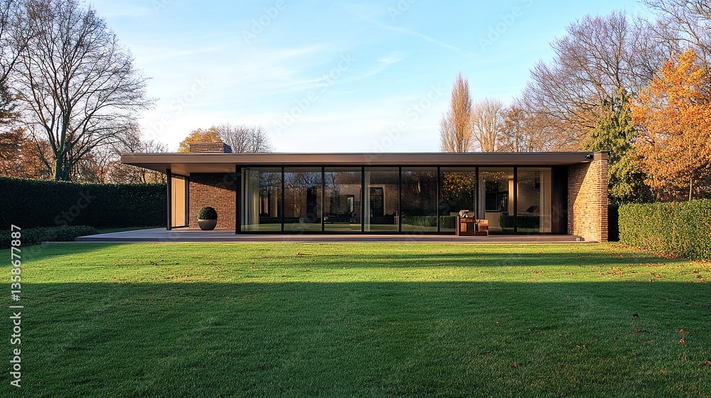Obraz premium A modern, understated home with a sleek design, wide open windows, and a perfectly mowed green lawn, ideal for showcasing minimalist aesthetics. 