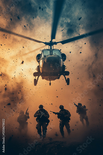 A military helicopter landing, military personnel ready to jump out of the helicopter with their weapons ready at late sunset.