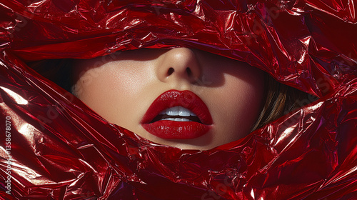 woman's mouth covered by a strip of duct tape, symbolizing silence, restriction, and the inability to speak in a modern world filled with communication barriers and struggles
