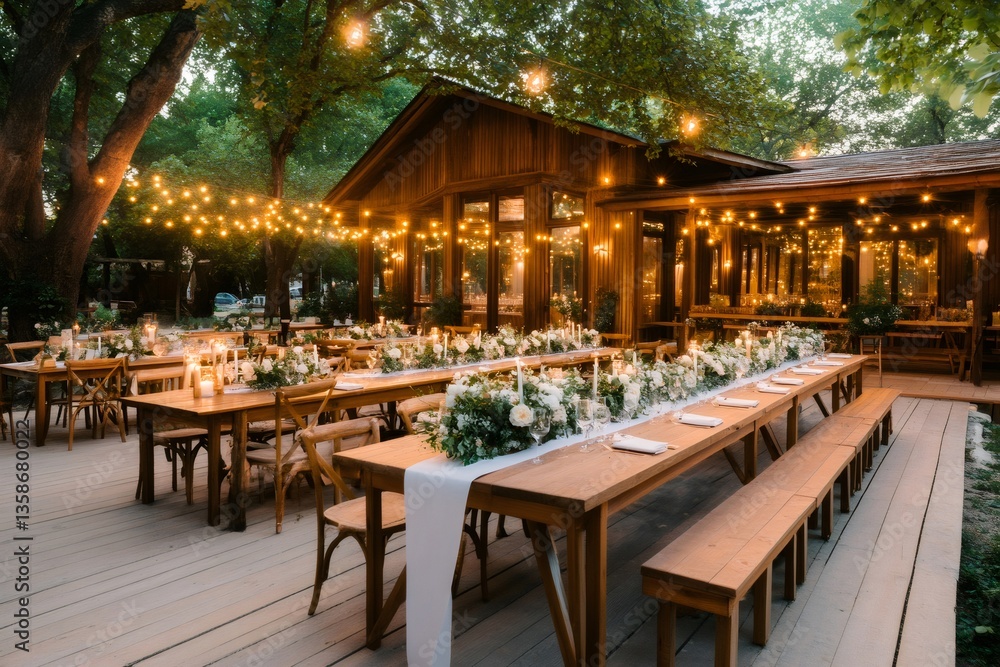 Outdoor wedding reception venue with fairy lights illuminating wooden tables and floral arrangements