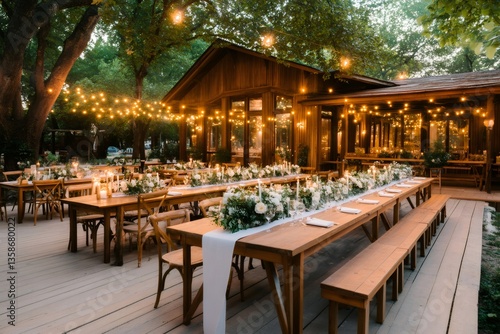 Obraz na płótnie Outdoor wedding reception venue with fairy lights illuminating wooden tables and floral arrangements w salonie
