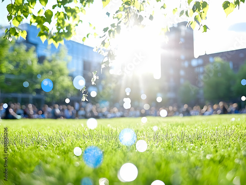 Sunny day in park.  People relax on grassy lawn, sunlight through leaves creates bokeh effect.  Buildings and trees softly blurred in background. Peaceful, summer scene