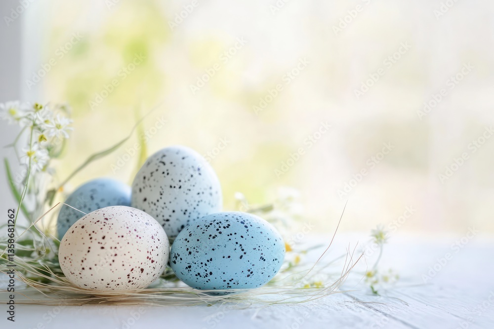 Easter background with Easter eggs on white table Easter background with Easter eggs on white table