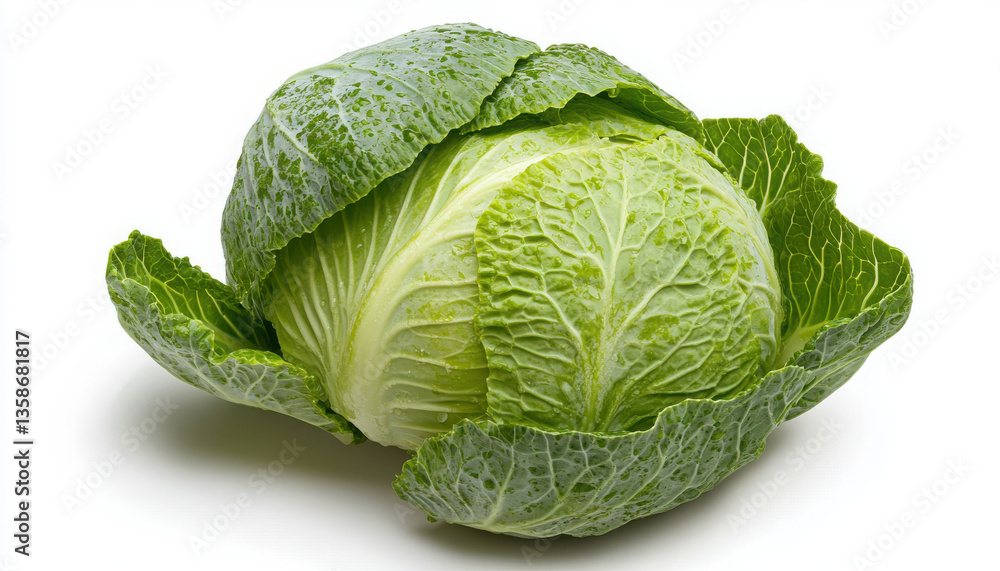 Obraz premium Fresh green cabbage with vibrant leaves ready for culinary use.