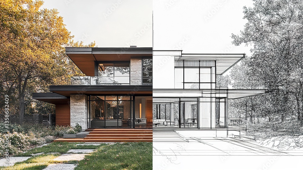 A split view of a house, one half showing the completed exterior in rich photo detail and the other half a minimalist architectural plan sketch.