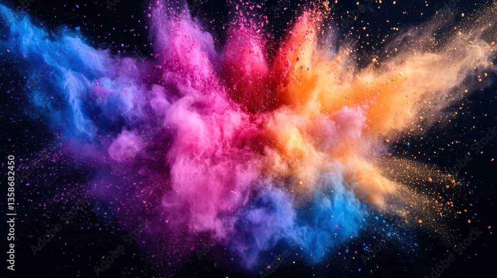 Obraz premium Colorful powder explosion on black background, vibrant and dynamic design. Use this vibrant background for Holi festival and creative projects.