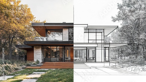 Obraz na płótnie A split view of a house, one half showing the completed exterior in rich photo detail and the other half a minimalist architectural plan sketch. w salonie